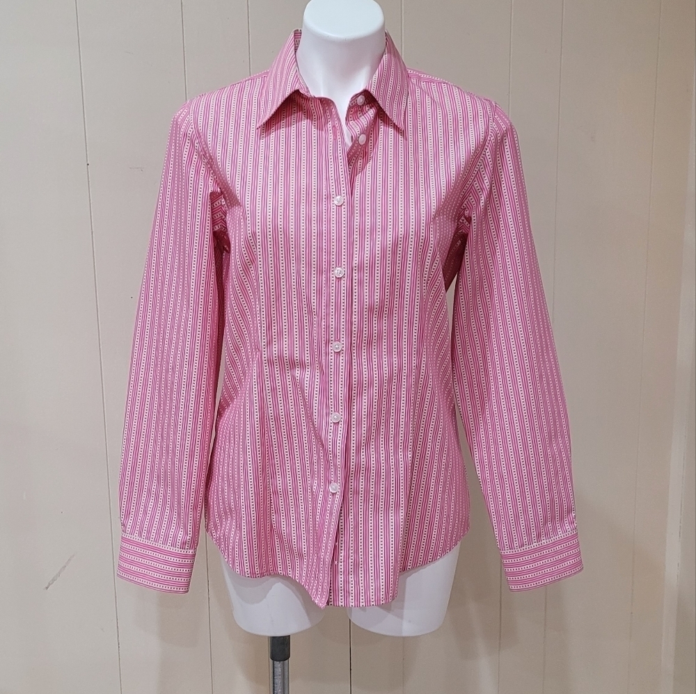 ORVIS Women's Sz10 Button-up Pink Striped Top Wrinkle Free Shirt Everyday Blouse - Picture 3 of 9